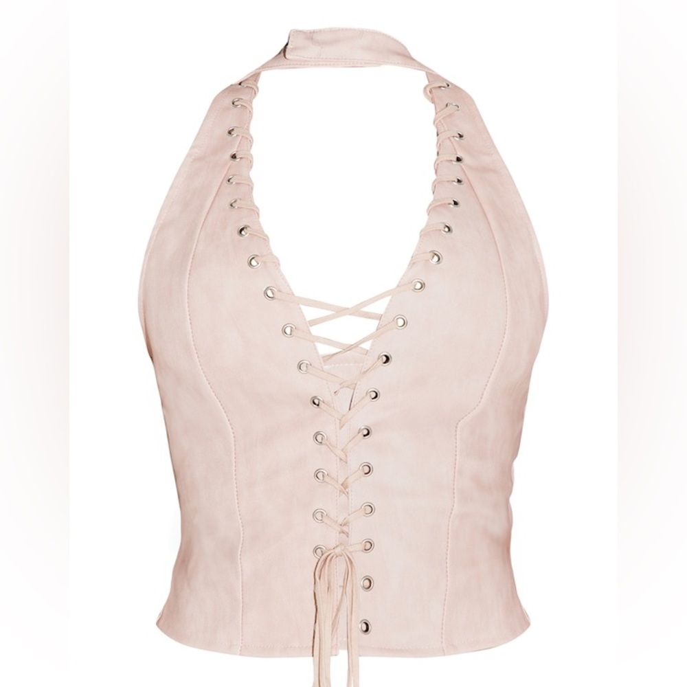 SHAPE PINK WASHED FAUX LEATHER HALTER NECK LACE UP CORSET